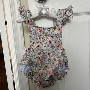 Bonnie Baby Pink and Green Floral Bubble - 12 months, excellent condition